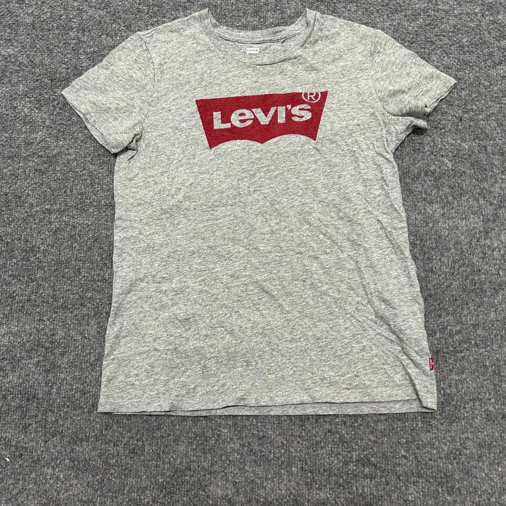 Levi's T-Shirt Womens Size S Grey Heather Red Batwing Logo Graphic Short Sleeve